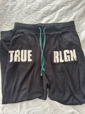 True Religion Black Kids Sweat Shorts with Teal Drawstring